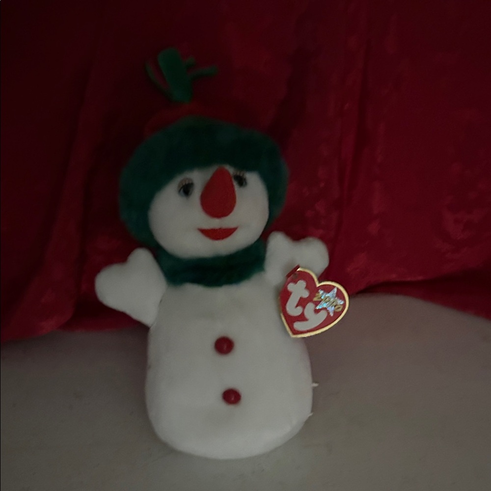 Ty Snowman Plush - White and Red with Green Accents